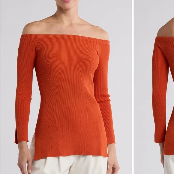 VERONICA BEARD Orange Derick Ribbed Off Shoulder Blouse Size Small - Picture 2 of 13